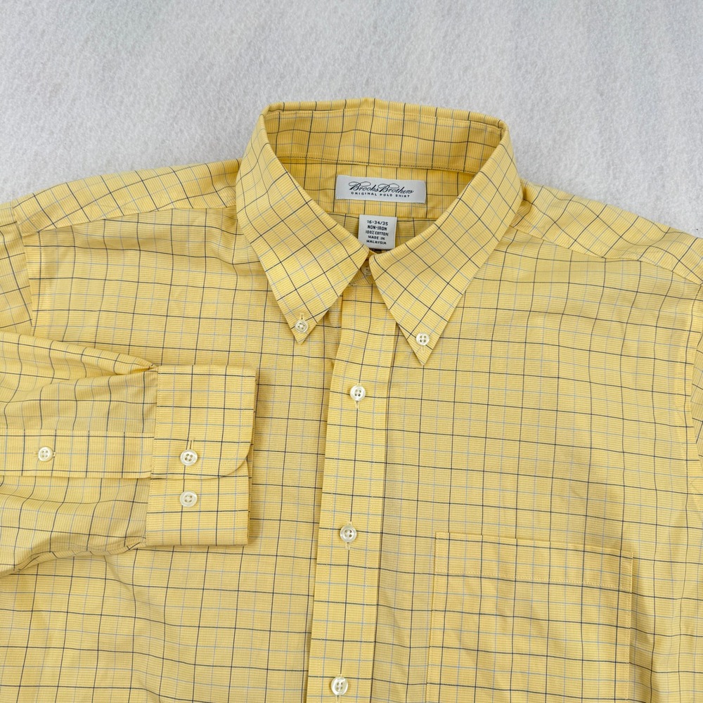 Brooks Brothers Men Non-Iron Long Sleeve Dress Shirt 16-34/35 Yellow Check Plaid